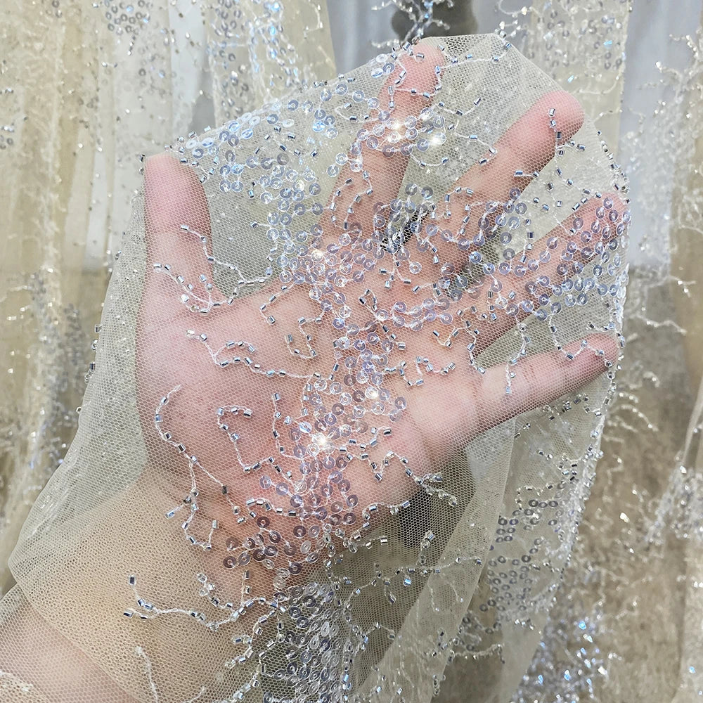 2023 Fashion Design Champagne Chantilly Handmade Beaded Lace Fabric With Crystal Sequins for Wedding