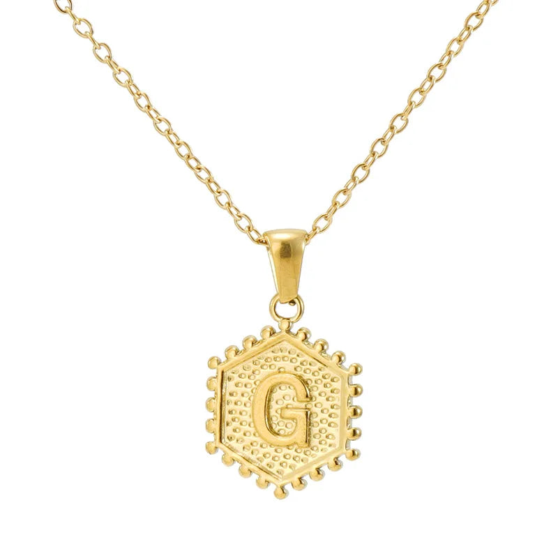 Hot Selling PVD Plated Hypoallergenic Hexagon Shape Heart Initial A- Z Letter Necklace Stainless Steel for Women