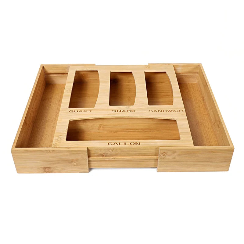 Aluminum Foil and Wax Paper Expandable Kitchen Drawer Organizer Bamboo Ziplock Bag Storage and Dispenser for Tool Organization