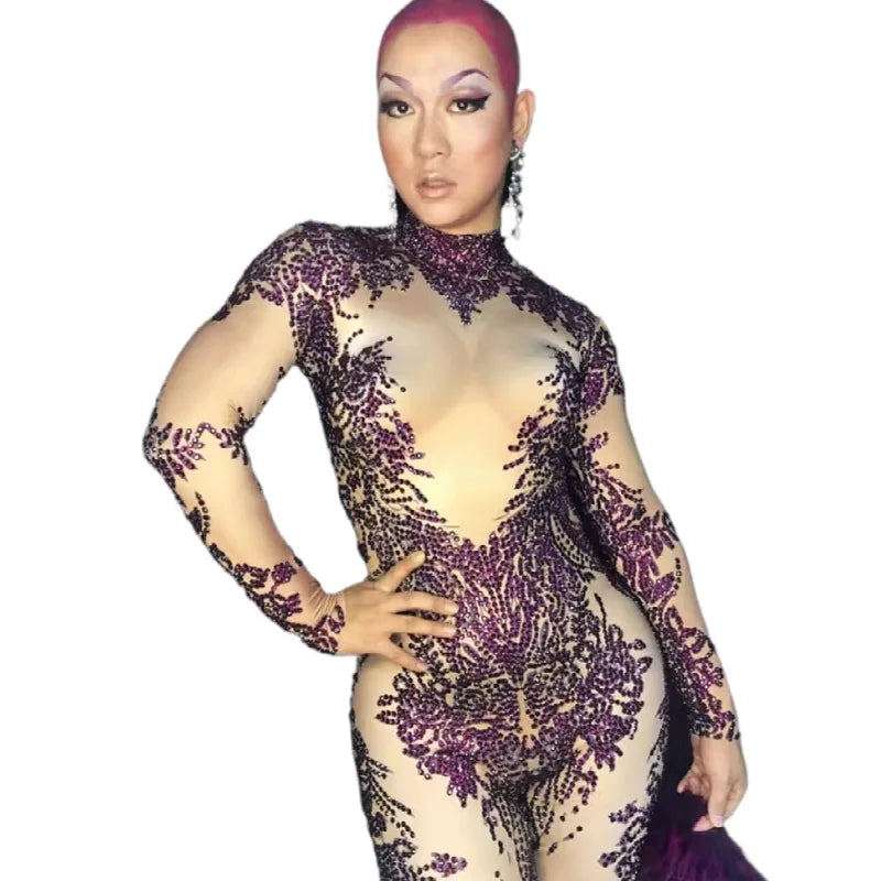Sexy Elastic Purple Crystal Leotards Playsuit Women Nightclub Party Jumpsuit Sexy Stage Performance Wear Pole Dance Clothes