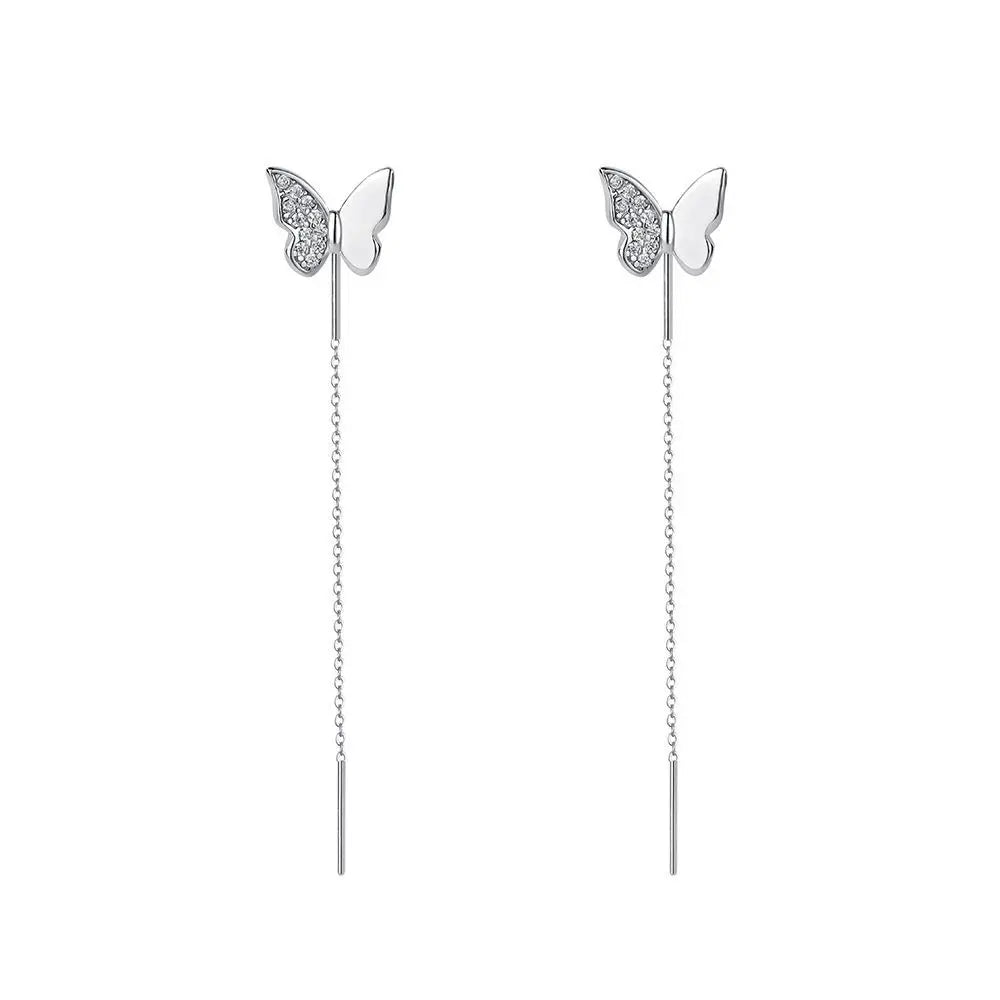 Popular Girl's Tassels Earrings S999 Sterling Silver CZ Zircon Butterfly Tassels Earrings Wholesale