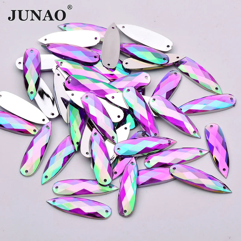 JUNAO Wholesale 8*28mm Sew on Acrylic Purple AB Crystal Strass Tear Drop Flatback Rhinestones for Garment Decoration