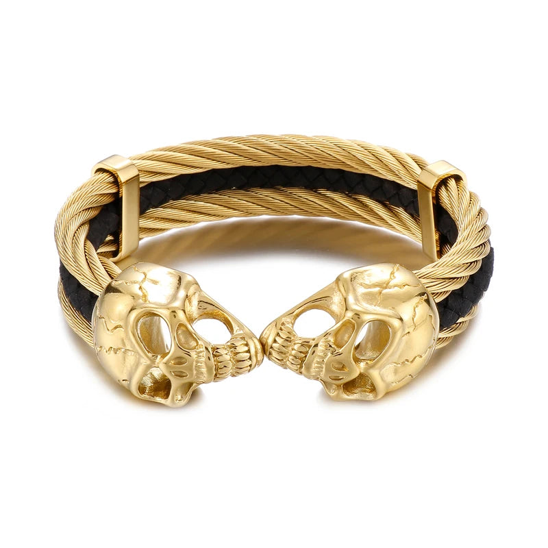 KALEN Punk Silver/Gold/Black/Grey Stainless Steel&Double Skin Skull Cuff Bangle Bracelet