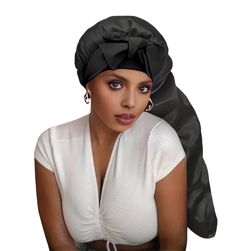 CHENGHE New Style Large Satin Silk Braid Hair Bonnets for Women Custom Logo Extra Long Head Tie Caps