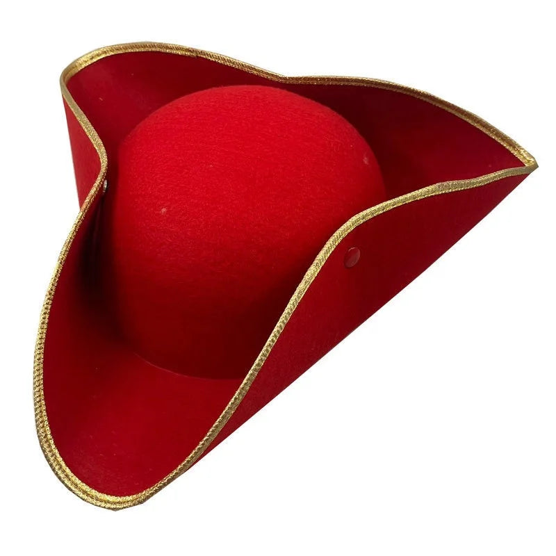 Red Captain Hook Hat Gold Trim Red Classic Tricorne  Pirate Hat