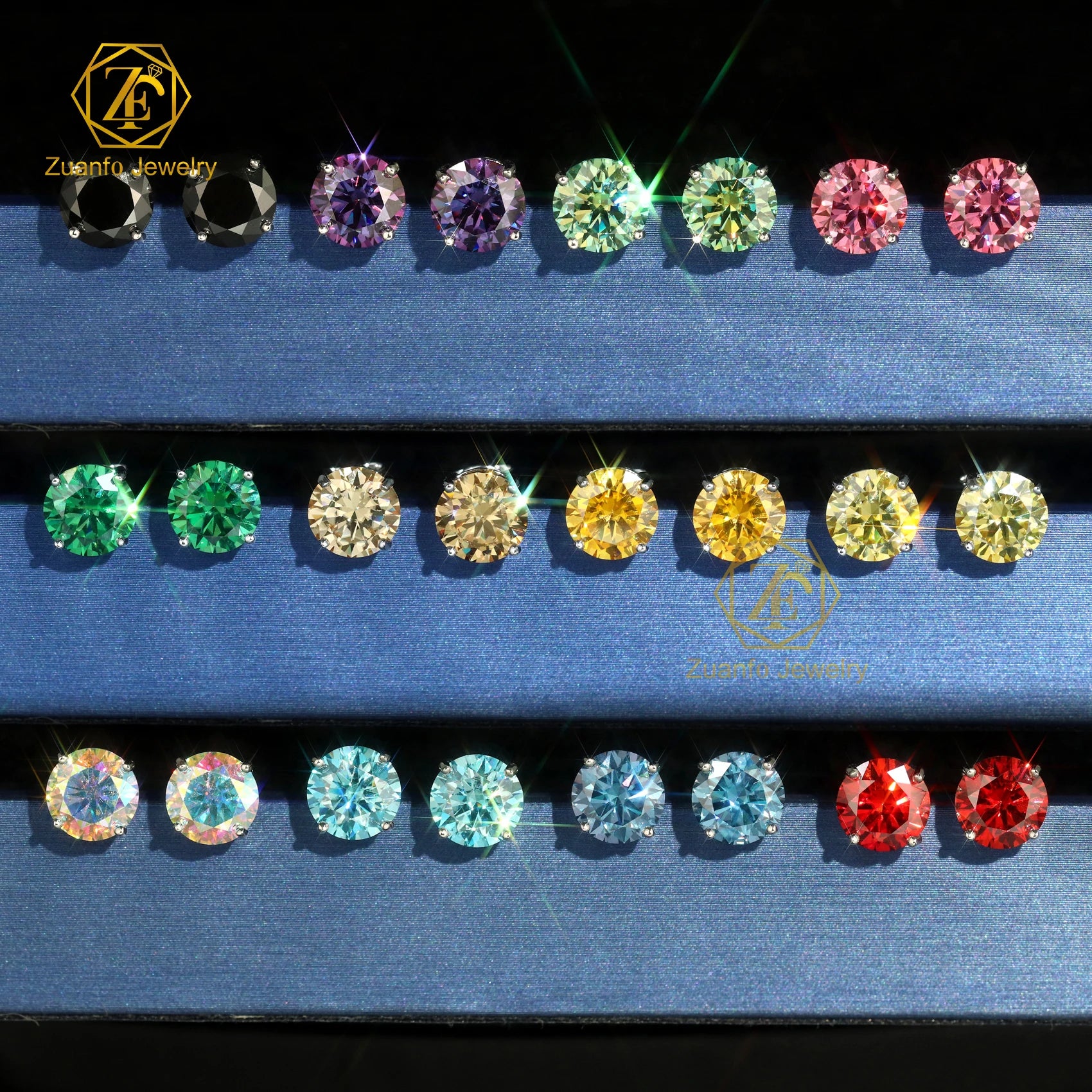 6.5mm 1CT Moissanite Stud Earrings Real 4 Claws Yellow Green Red Blue Colorful Women's Stud Earrings