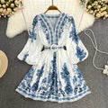 Women V-neck Lantern Sleeve Empire Printed Dresses