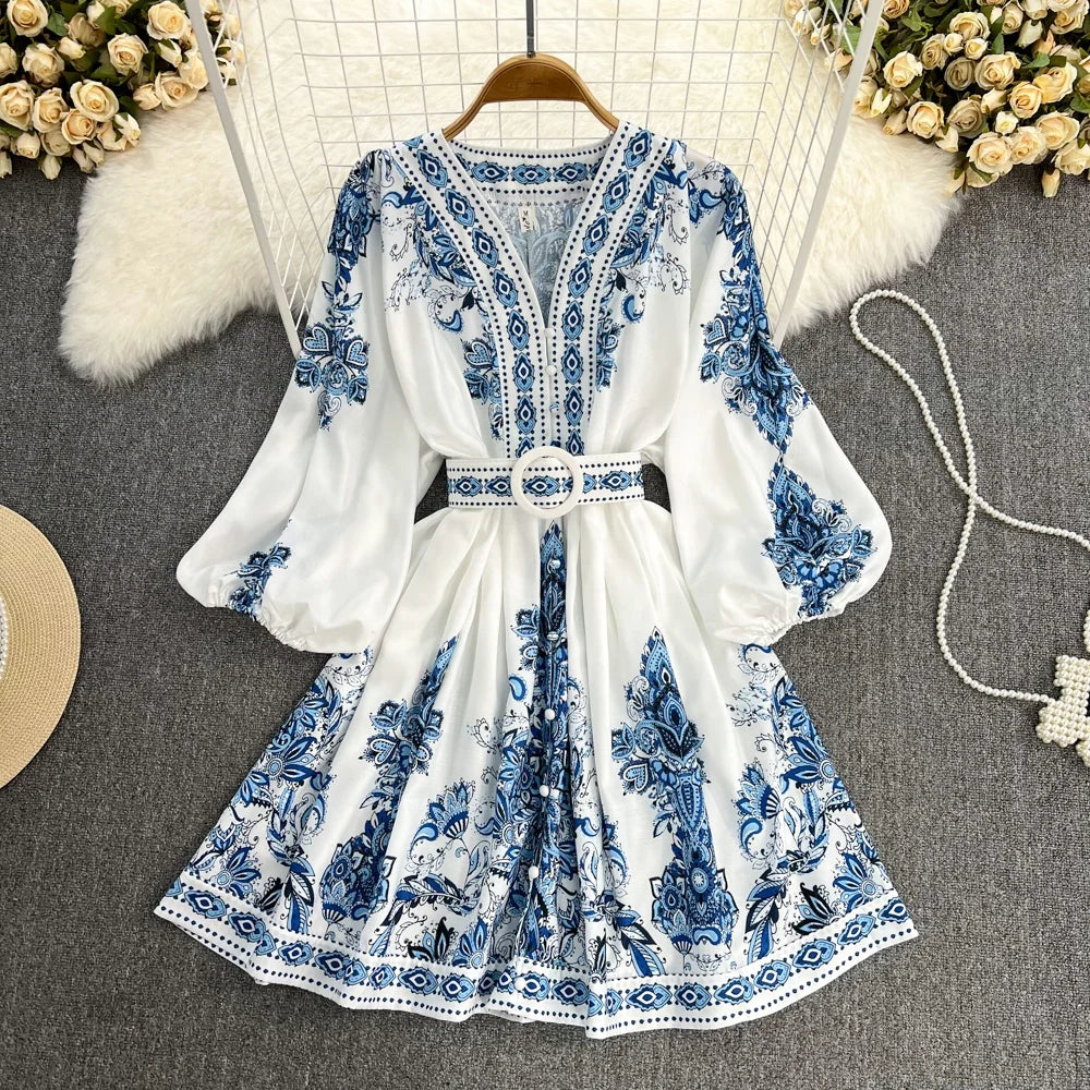 Women V-neck Lantern Sleeve Empire Printed Dresses