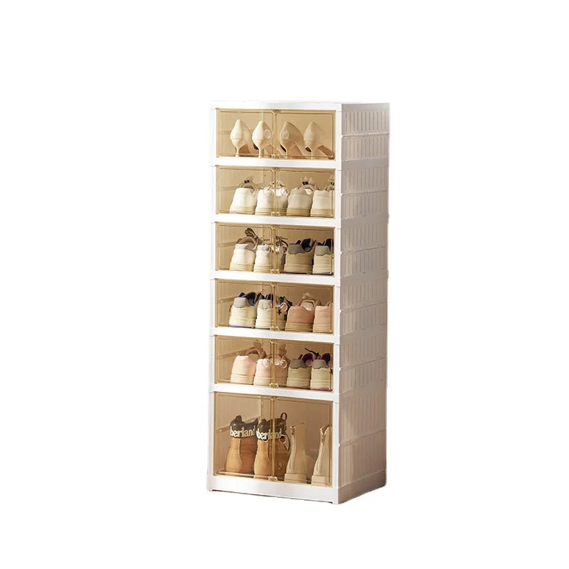Clear PP Plastic Foldable Shoe Rack Organizer 6 Layers 2 Lines with Door Easy Assembly Stackable Shoe Boxes for Closet
