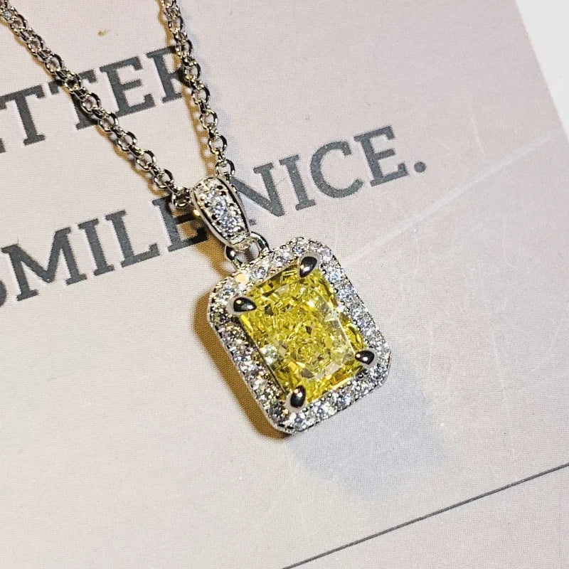 CAOSHI Luxury Rectangle Design Bling Bling Yellow Crystal Zircon Necklaces for Women Wedding Fashion Party CZ Pendant Necklaces