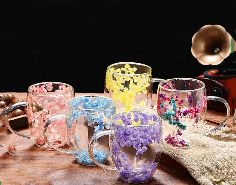 350ml Unisex High Borosilicate Petal Quicksand Double Glass Cup Creative Direct Drinking With Real Flower for Parties