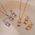 Women Wedding Stainless Steel Chain Necklace Flower Square Pendent Pink Zircon Earrings