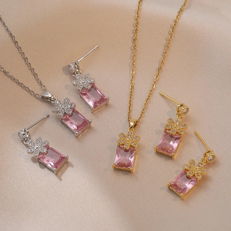Women Wedding Stainless Steel Chain Necklace Flower Square Pendent Pink Zircon Earrings