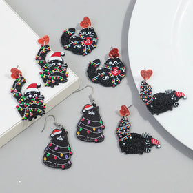 Gothic New Cartoon Black Cat Lights Glitter Christmas Animal Jewelry Gift Cute Kitten Santa Hat Acrylic Dangling Earrings Girl