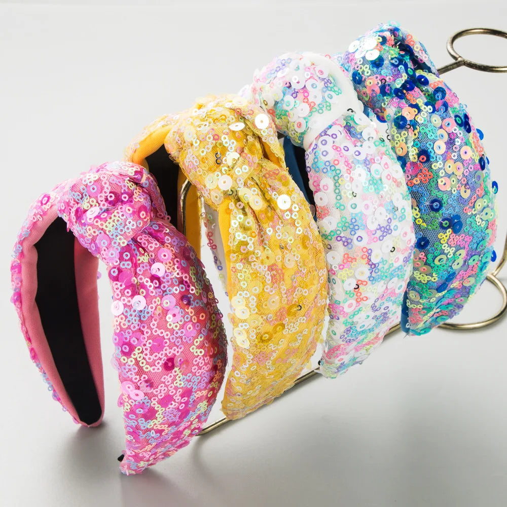 Korean Sequin Knot Wide Headband Net Red Shiny Travel Headband Sweet Temperament fairy Hair Accessories Cross-border Supply