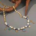 NS1334  Waterproof Non Tarnish 18K Gold Plated Stainless Steel Elements Multi Gemstone Beaded Zircon Stones Drops Pearl Necklace