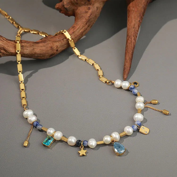 NS1334  Waterproof Non Tarnish 18K Gold Plated Stainless Steel Elements Multi Gemstone Beaded Zircon Stones Drops Pearl Necklace