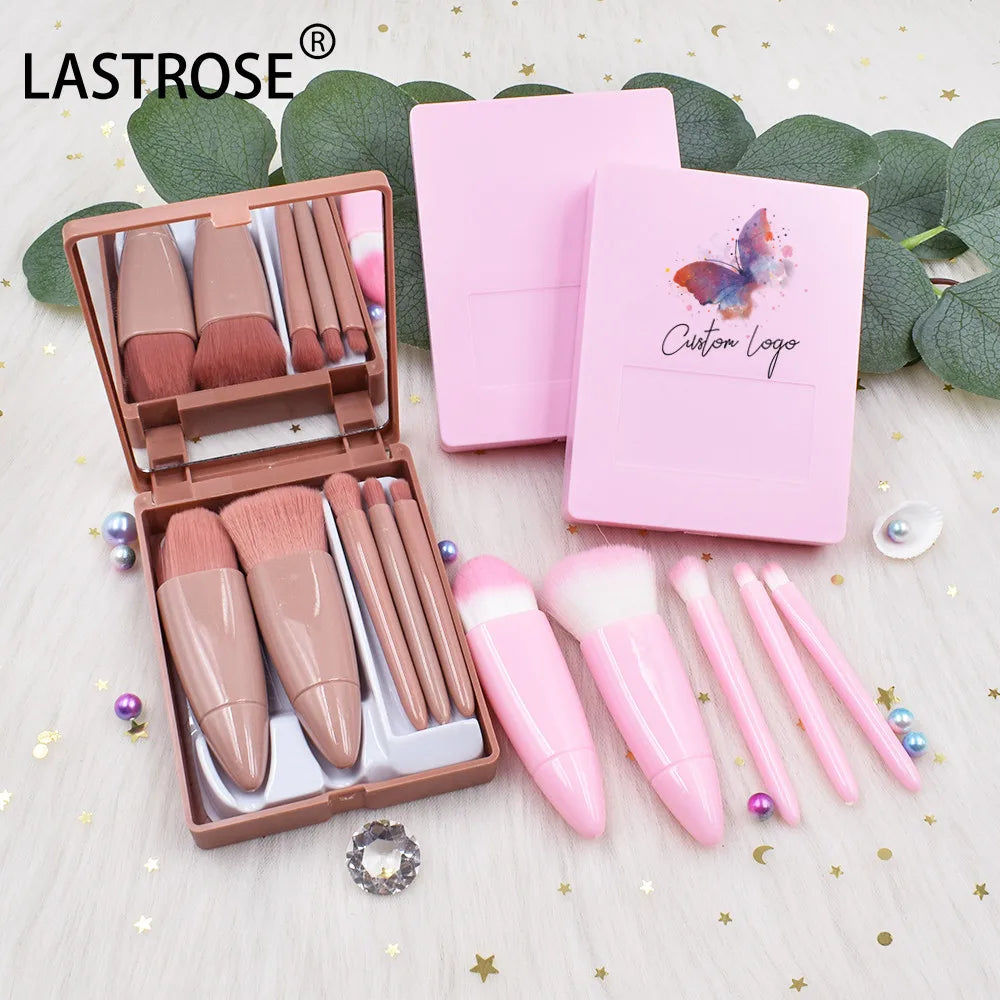OEM Luxury 5pieces pink Make Brushes with Mirror Set Wholesale Private Label Wooden Handle Cosmetic Brush Kit with Bag