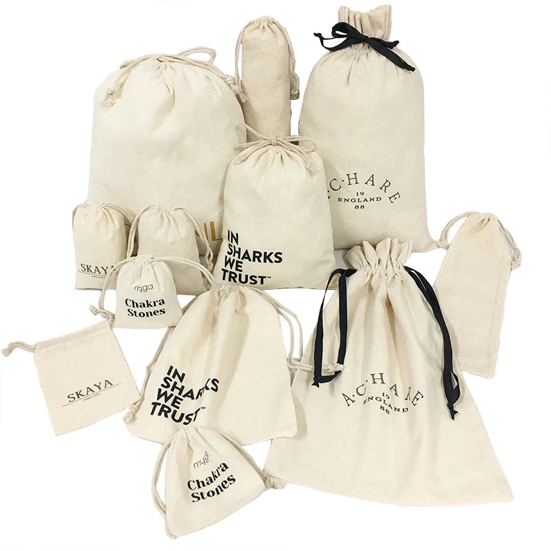 Custom Brand Logo Multi Sizes Drawstring Natural Cotton Gift Packaging Bags