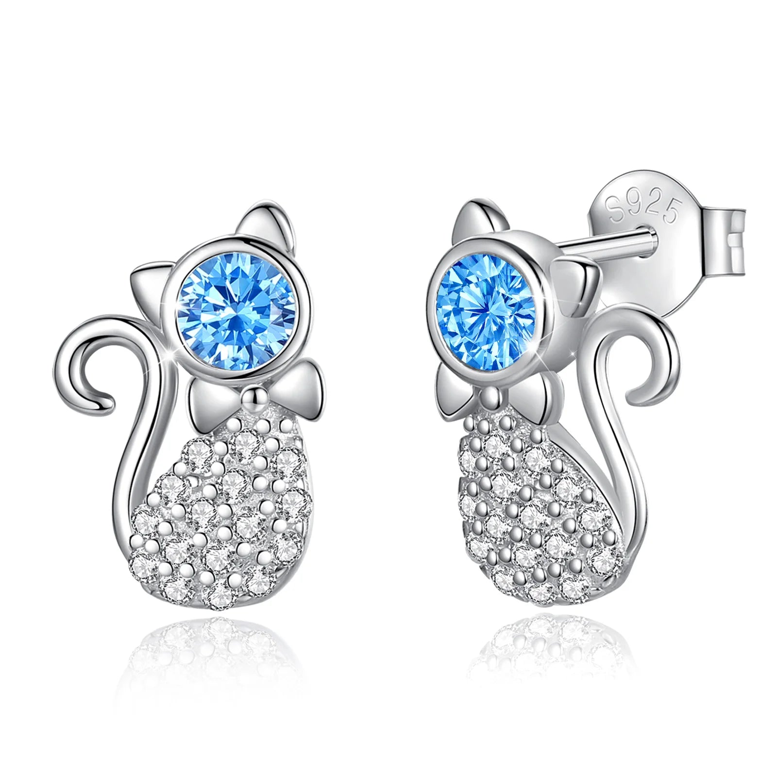 Merryshine 925 Sterling Silver Blue Cz Cute Animal Pet Cat Stud Earrings for Women