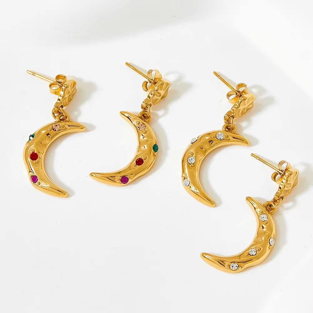 Delicate Stainless Steel Gold Plated Crescent Stud Earrings Fine Jewelry Zircon Moon Drop Earrings for Women