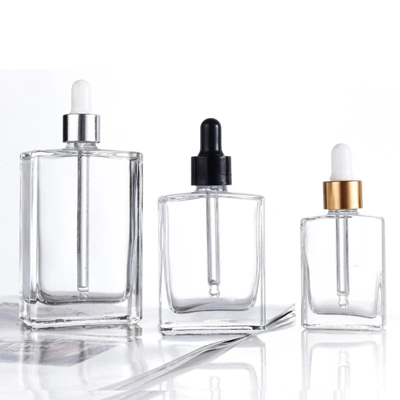 Transparent Square Oil Glass Bottle with Pump Sprayer 15ml 30ml 50ml 100ml Capacities in Stock