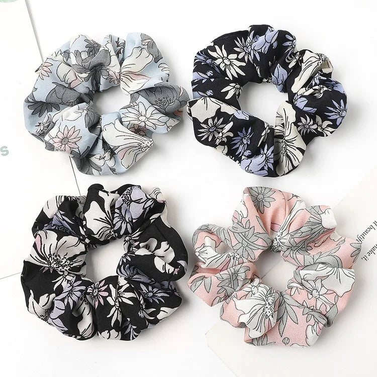 MIO Fashion Floral Chiffon Fabric Women's Hair Tie Printed Flower Hair Tie Ponytail Holder Elastic Hair Band for Girls
