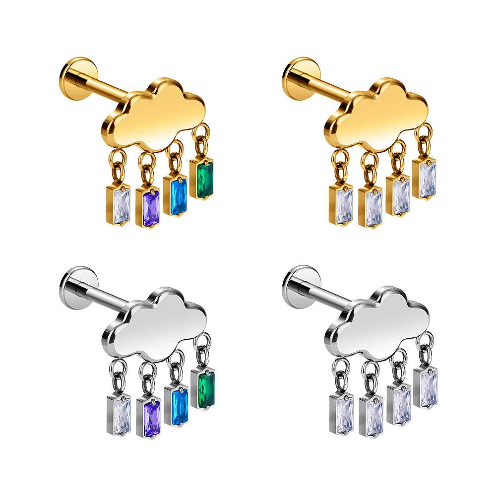 ASTM F136 Titanium Piercing Cloud Shape Square Zircon Pendant Ear Lobe Helix Cartilage Women Stud Body Jewelry