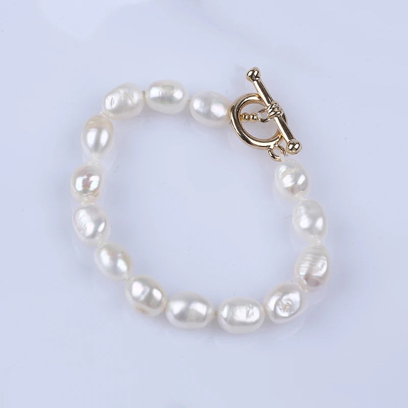 Simple Handmade 8-9mm Natural Freshwater Baroque Pearl Bead Bracelet