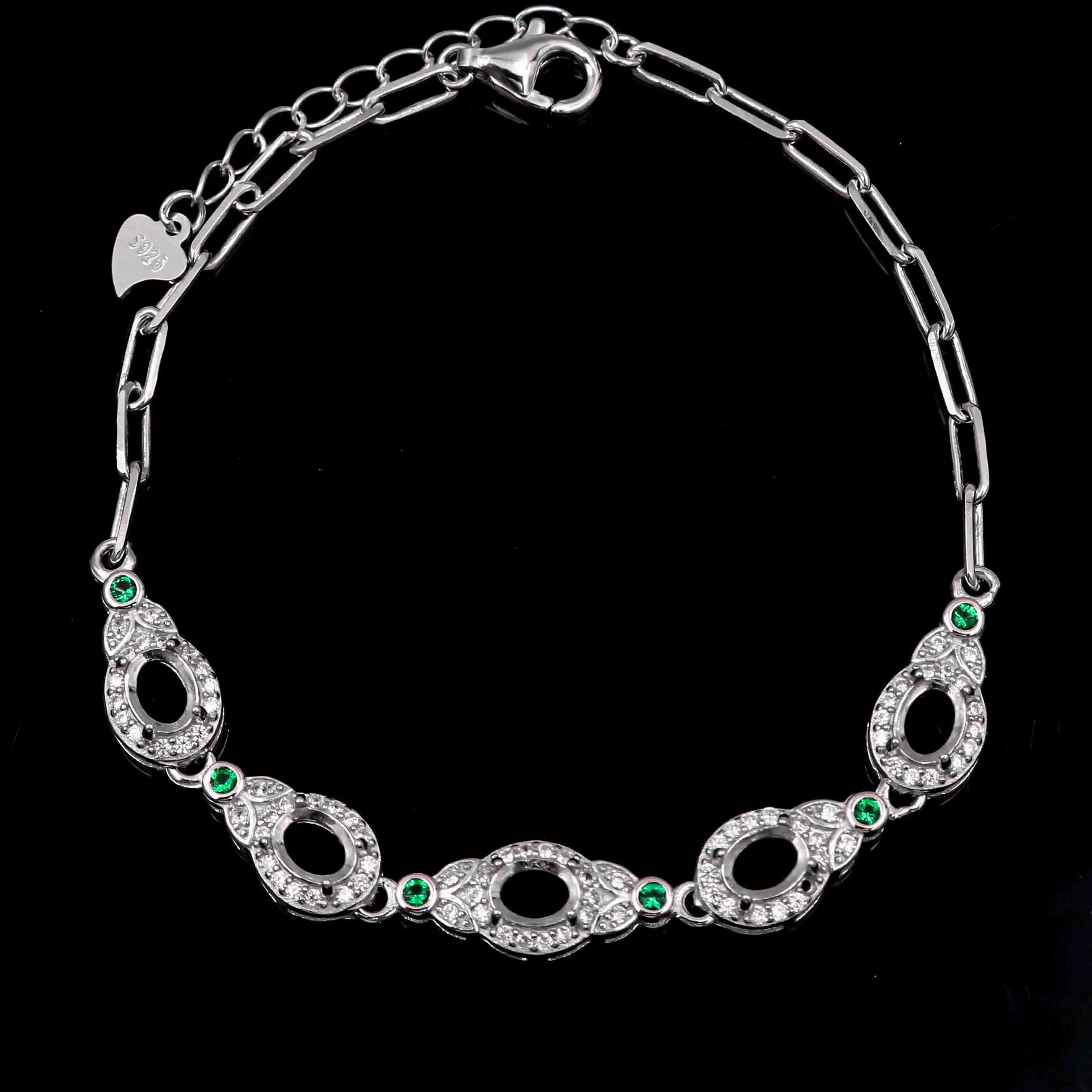 Sterling Silver 4*5mm Semi Mount Bracelet Empty Support Blank Claws Setting S925 Base Holder Without Center Stone Inlay for DIY