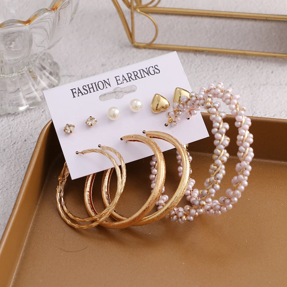 Fashion Pearl Crystal Gold Hoop Earrings Set Oversize Metal Circle Heart Punk Earring for Women Jewelry Wholesale