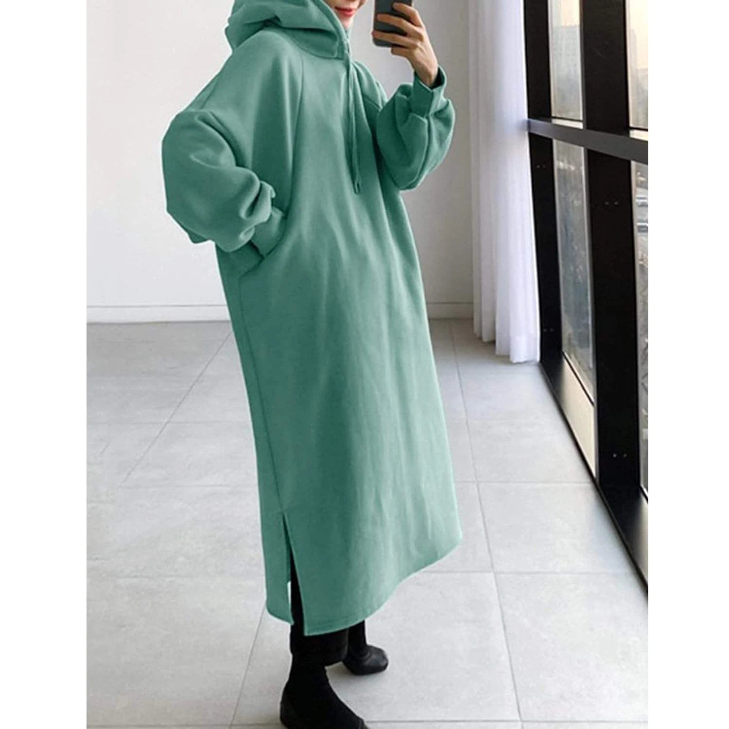 L230782 OEM Factory Cotton French Terry Thick Winter Fall Hoodie Dress for Women Custom Logo Printed Solid Blank Maxi Dress
