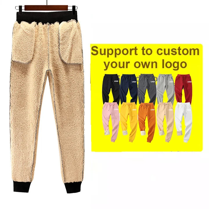 Women's Autumn Winter Fleece-Lined Thickened Sports Pants Large Size Warm Cotton Breathable Lamb Sweatpants with Logo on Waist