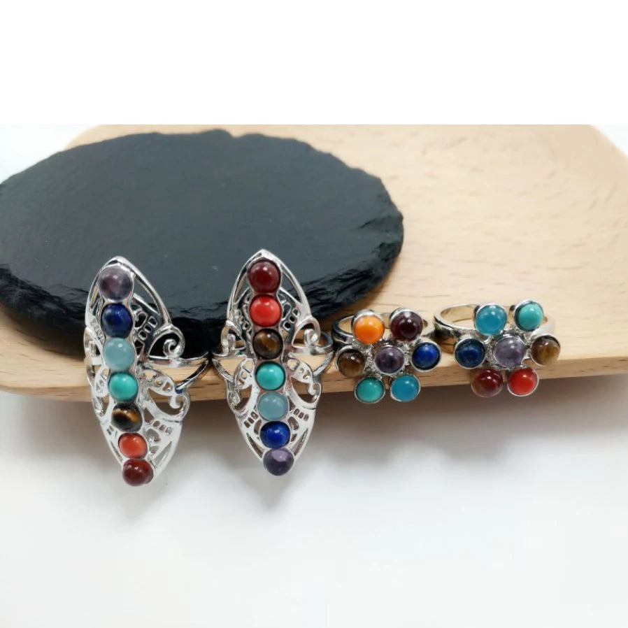 Colorful Adjustable Ring 7 Chakra Stone Rings Mineral Healing Crystal Rose Quartz Turquoise Opal Meditation Couple Party Gift