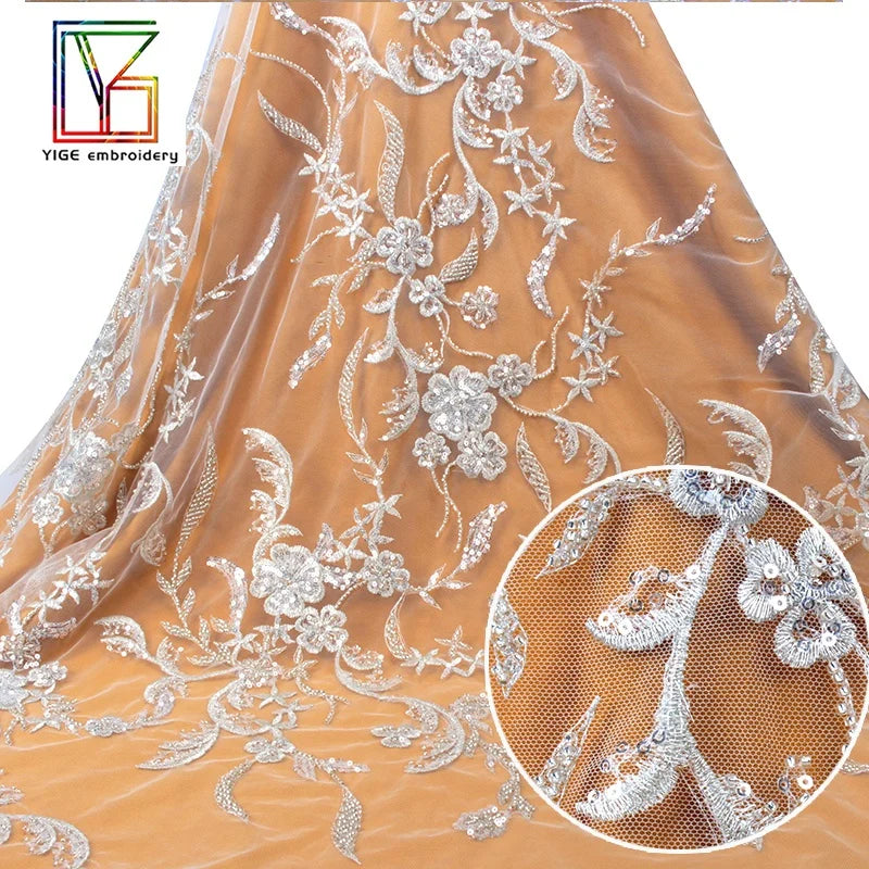 Luxury Bridal Fancy Silver Beaded French Wedding Tulle Embroidered With Sequins Lace Fabric Fabric