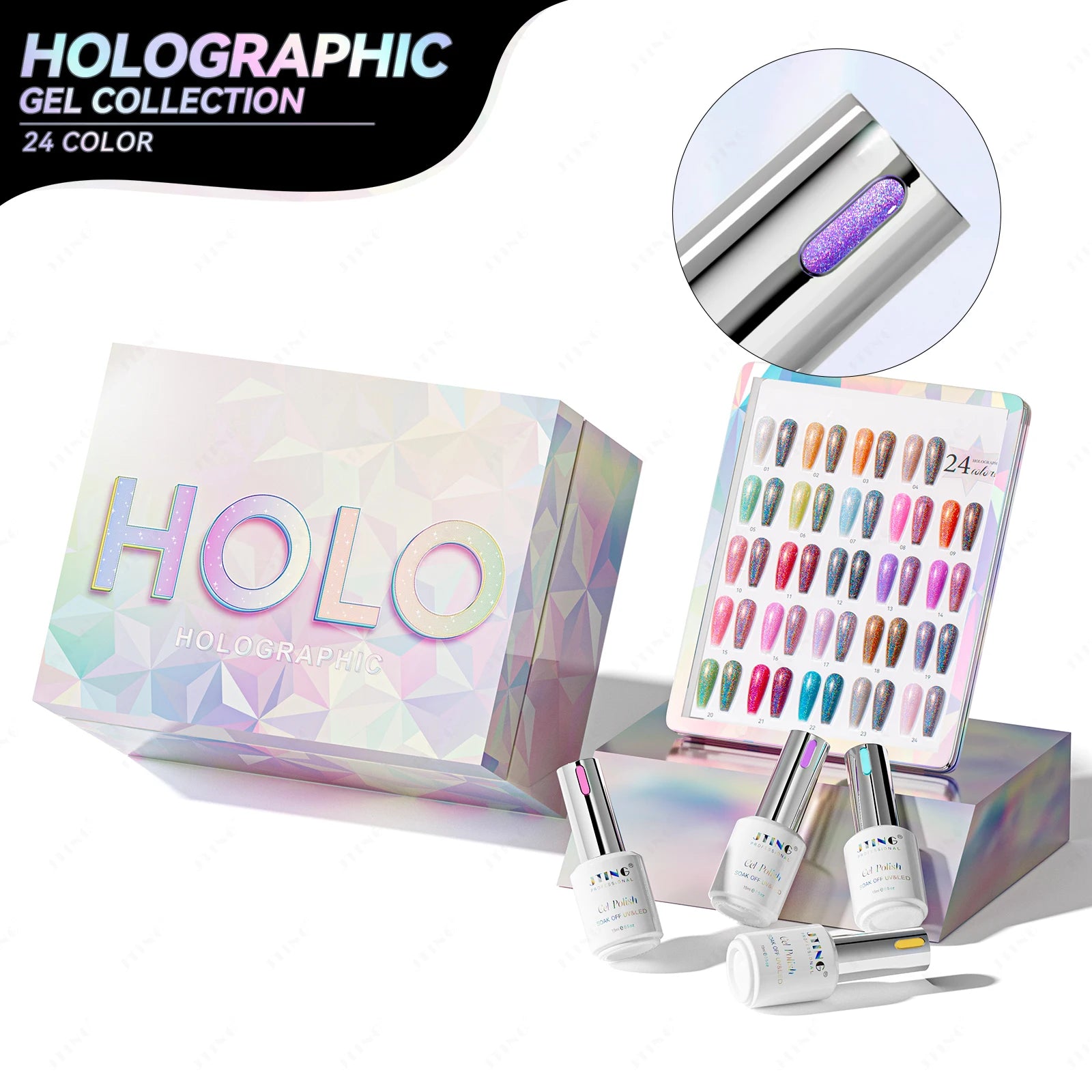 JTING Promotional Hot Buying Holographic Glitter Gel Polish Collection Set Box 24pcs High Quality Vegan Pigment Holographic Gel