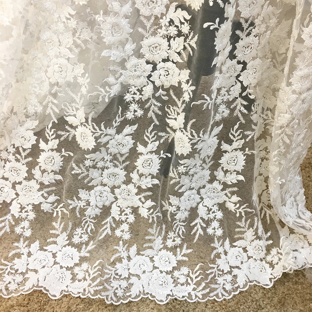 Wholesale Price 3D Flower Lace Embroidered Fabric With Beads and Pearl Luxury Sequins Tulle Bridal Lace Fabric