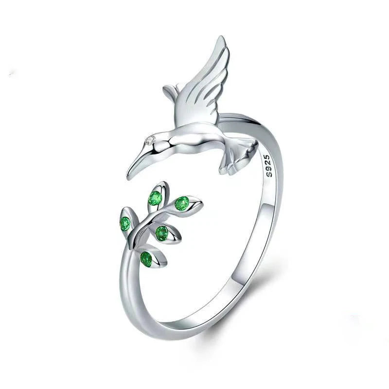 Hot Sale Fashion 925 Sterling Silver Hummingbird Shape Inlaid Green Zircon Adjustable Women's Ring Custom Wholesale
