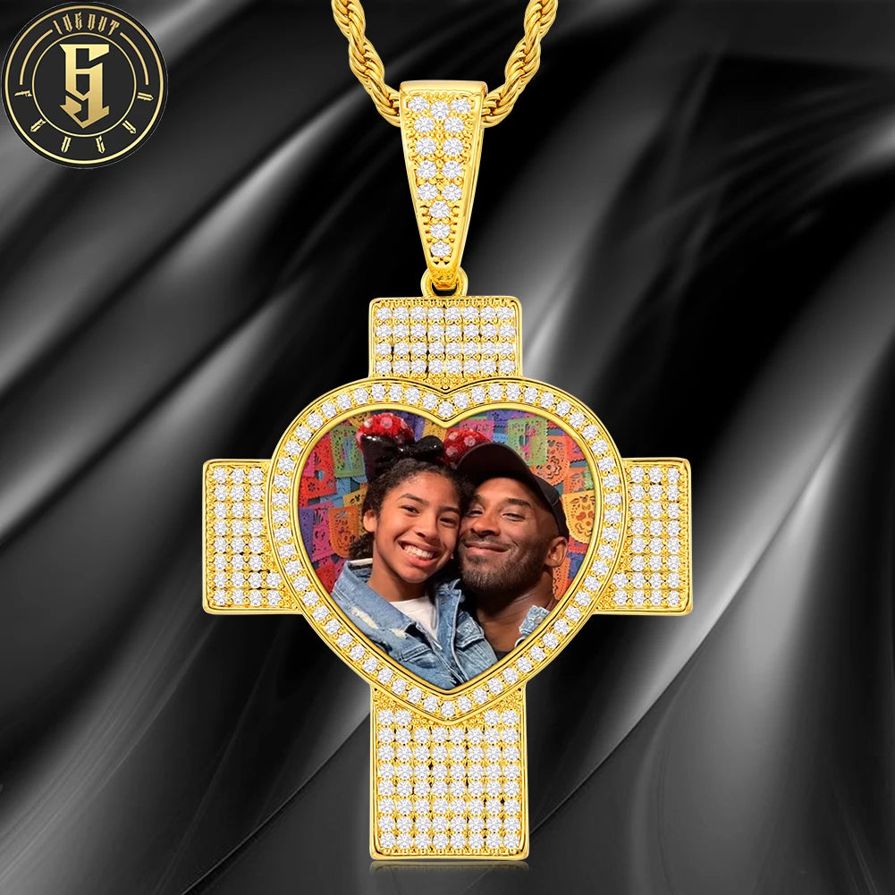 Sublimation Cross Photo Pendant Gold Plated Brass AAAAA Zircon Diamond Fashion RIP Jewelry Custom Heart Necklace