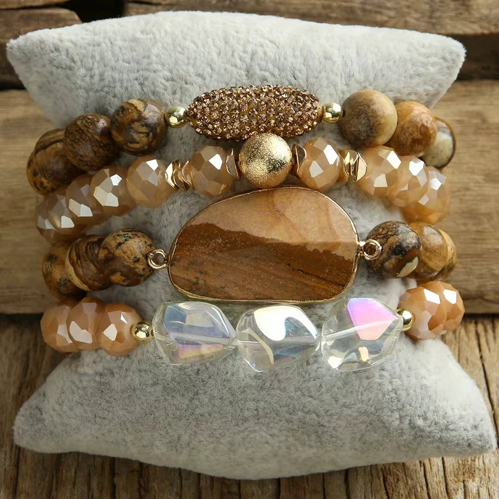 New Elastic Boho Gemstone 4PC Bracelet Shiny Zircon Ball Irregular Glass Crescent Moon Stone Beautiful Stack Bracelets Sets