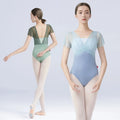 Women Dance Leotard Mesh Spliced Short Sleeve Pleats Ballet Leotards Adult False Two Piece Gymnastics Bodysuit