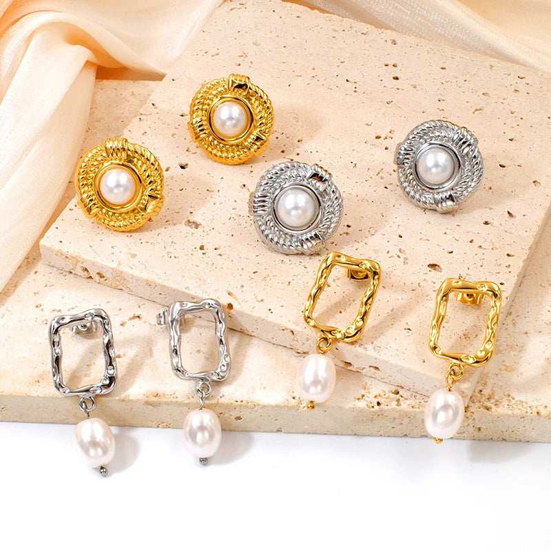 Fashion Geometric Textured  Pearl Stainless Steel Jewelry Drop Earrings  Wholesale Joyas De Acero Inoxidable Para Mujer