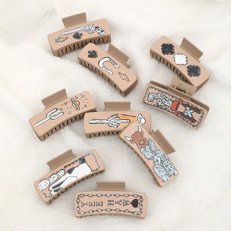 2023 Western Cowboy Style Cow Head Cactus Leather Hair Clip for Women Hairpins