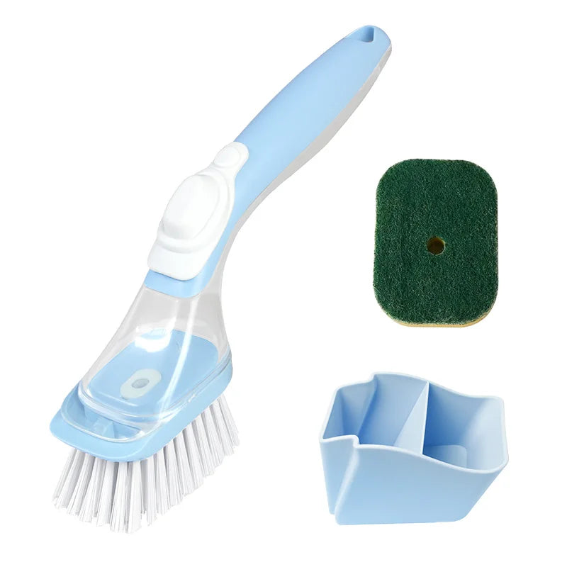 New Arrival Blue Plastic PP Palm Brush with Sponge and Soap Dispenser Easy Handle for Kitchen Cleaning