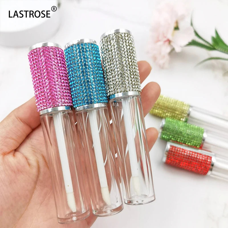 New Lipgloss Tube With Rhinestone Round Clear Private Label Lipstick Container Blue Silver ABS Tubes With Lip Brush