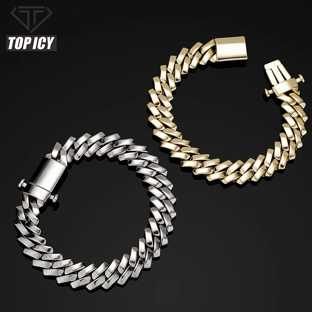 10mm 12mm Polished 18k Gold Plating Clean Prong Cuban Bracelet Spring Clasp Luxury Fashion Brass Hip Hop Bracelet