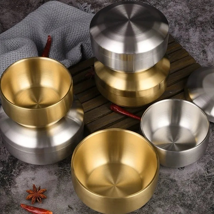 Double Walled 304 Stainless Steel Rice Bowl With Lid Korean Style Silver Gold Metal Insulated Soup Kimchi Bowls Wholesale
