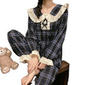 Spring and Autumn Women's Doll Collar Checkered Polyester Cotton Pajamas Home Clothing