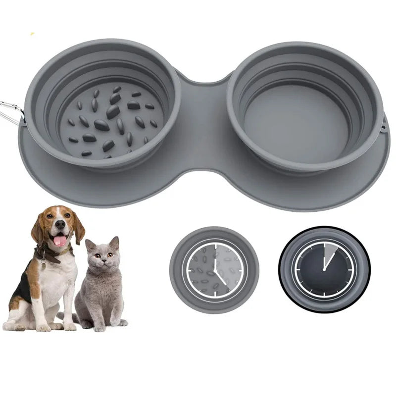 Drop Shipping Portable Double Silicone Anti-Choking Pet Travel Feeder Outdoor Slow Feeding Food Bowl for Dogs Cats Small Animals