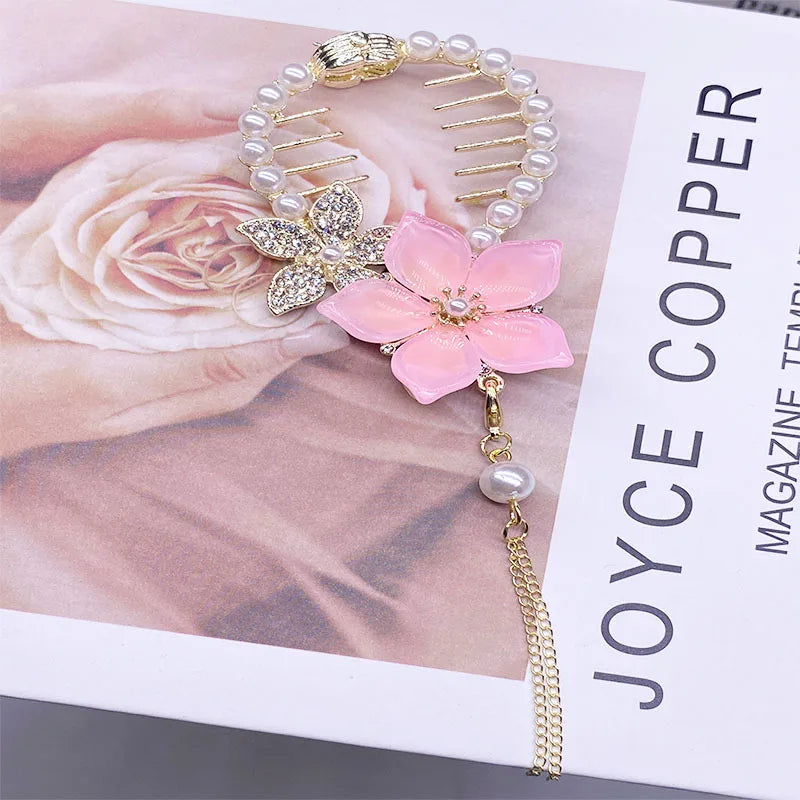 Rhinestone Peach Flower Ponytail Barrette for Women Crown Hairpin on the Back of the Head Crystal Rhinestone Hair Claw
